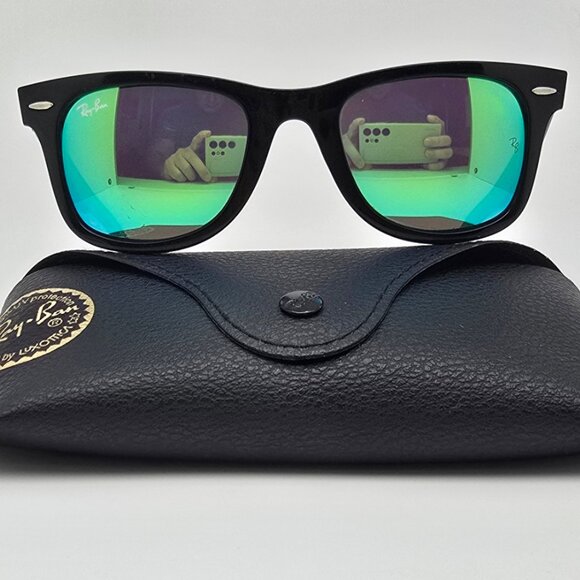 Ray-Ban RB2140 1175/19 Wayfarer Black Green Frame Green Mirror Lens Sunglasses - Picture 1 of 16